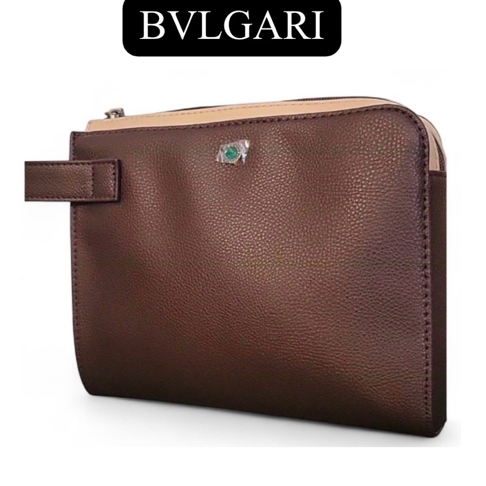 BVLGARI PARFUMS Luxury Brown Leather Toiletries Wristlet, NWOT